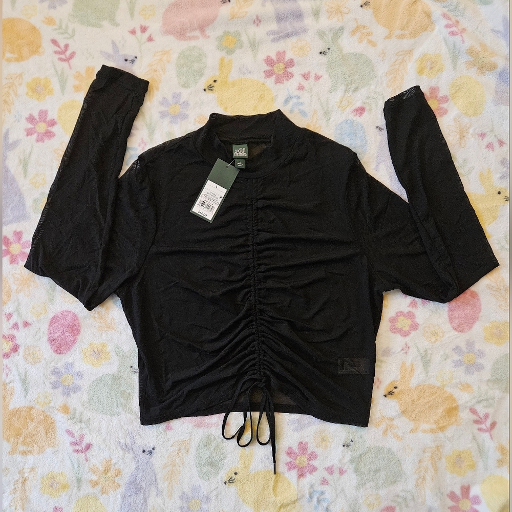 Wild Fable Black Sheer Ruched Long Sleeve Top